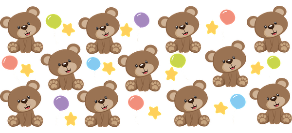 A cheerful pattern featuring cute brown teddy bears surrounded by colorful balloons and stars, perfect for a playful theme.UV Transfers dtf transfers