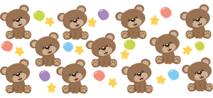 A cheerful pattern featuring cute brown teddy bears surrounded by colorful balloons and stars, perfect for a playful theme.UV Transfers dtf transfers