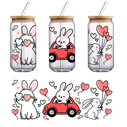 A red car with hearts and confetti floating around it.UV Transfers