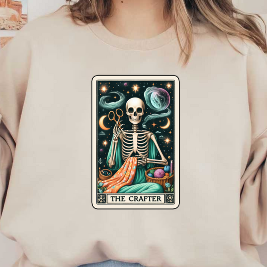 A whimsical illustration of a skeleton, representing "The Crafter," surrounded by crafting materials, stars, and cosmic elements. dtf prints