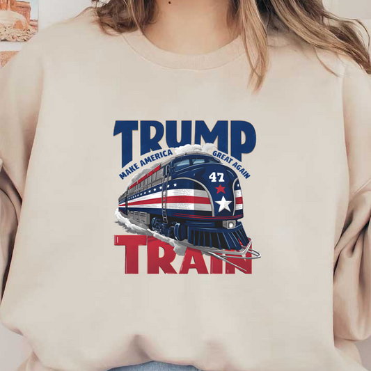 Un gráfico vibrante que presenta un tren de estilo retro adornado con colores patrióticos, que muestra el texto en negrita "TRUMP TRAIN" y el número 47.