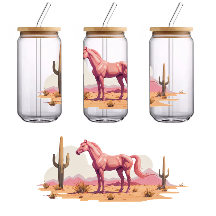 A whimsical pink horse stands proudly in a desert landscape, surrounded by cacti and distant mountains.UV Transfersdtf regular iron