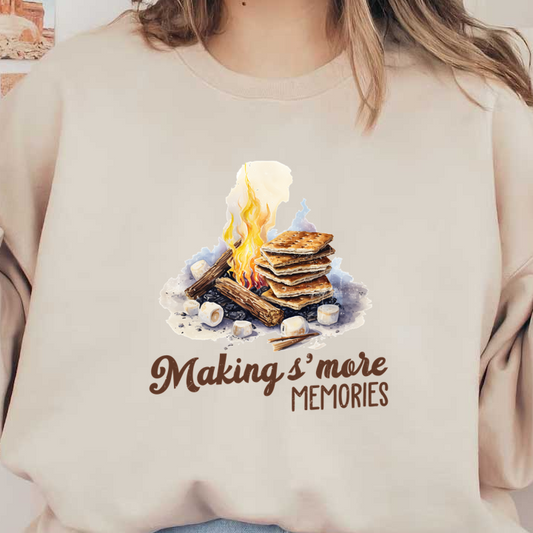 A cozy campfire scene featuring toasted marshmallows and stacked graham crackers, capturing the essence of making s'mores memories.dtf regular iron