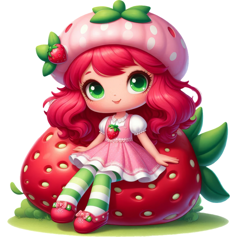 This cute, colorful illustration features a character sitting on a large strawberry, dressed in a pink dress and striped green socks.DTF Transfers