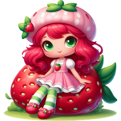 This cute, colorful illustration features a character sitting on a large strawberry, dressed in a pink dress and striped green socks.DTF Transfers