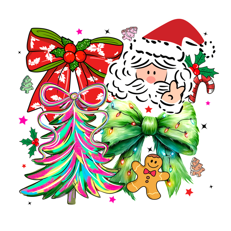A cheerful Christmas collage featuring Santa, colorful bows, a decorated tree, and gingerbread.DTF Transfers