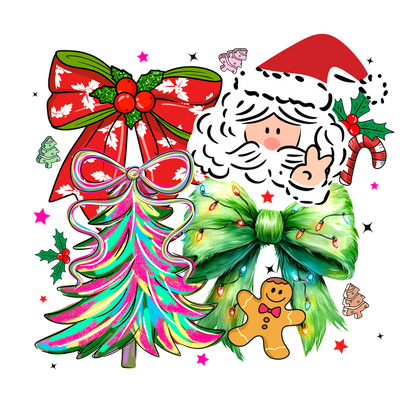A cheerful Christmas collage featuring Santa, colorful bows, a decorated tree, and gingerbread.DTF Transfers