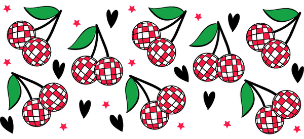 A playful pattern featuring red and white checkered berries surrounded by green leaves.UV Transfers