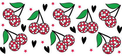 A playful pattern featuring red and white checkered berries surrounded by green leaves.UV Transfers