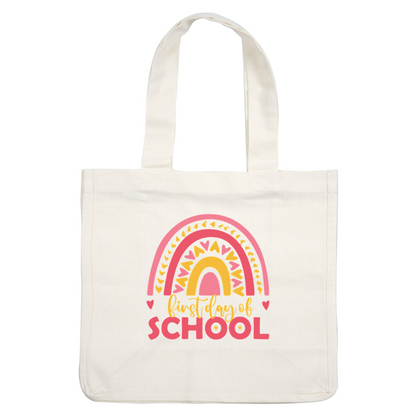 Cheerful design celebrating the "First Day of School," featuring vibrant colors, a playful rainbow, and heart accents. Perfect for back-to-school moments!DTF Transfers