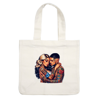 A passionate embrace between a tattooed couple, showcasing intricate body art and bold hairstyles, highlighting their strong connection.DTF Transfersdtf regular iron