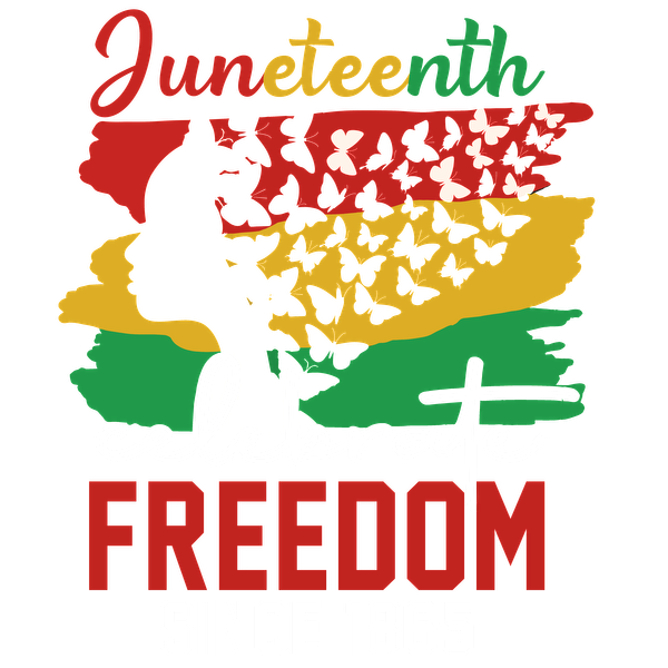 Colorful Juneteenth design celebrating freedom since 1865, featuring butterflies, vibrant background, and an iconic silhouette. dtf transfers