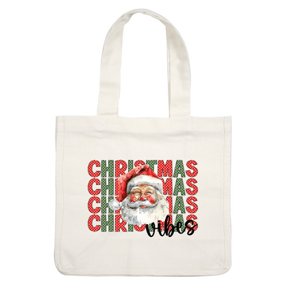 A cheerful Santa with a joyful smile is surrounded by vibrant Christmas-themed lettering, exuding festive vibes.dtf regular iron