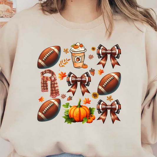 A vibrant fall-themed collage featuring footballs, a pumpkin spice drink, autumn leaves, and decorative bows, perfect for seasonal celebrations.dtf regular iron