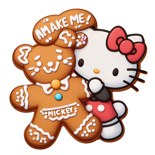 A cute gingerbread cookie, shaped like Mickey Mouse, is playfully embraced by Hello Kitty, showcasing festive charm and whimsy.DTF Transfers dtf prints