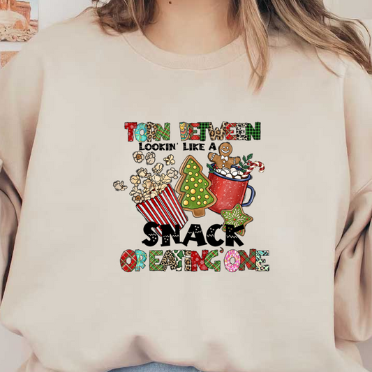 A festive design featuring popcorn, a decorated Christmas tree cookie, a mug with a gingerbread man, and playful text.DTF Transfers dtf transfersdtf regular iron