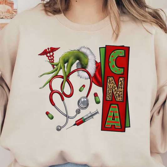 A whimsical illustration featuring a green hand with a Santa hat, stethoscope, syringes, and holiday-themed letters spelling "C N A."DTF Transfers dtf prints