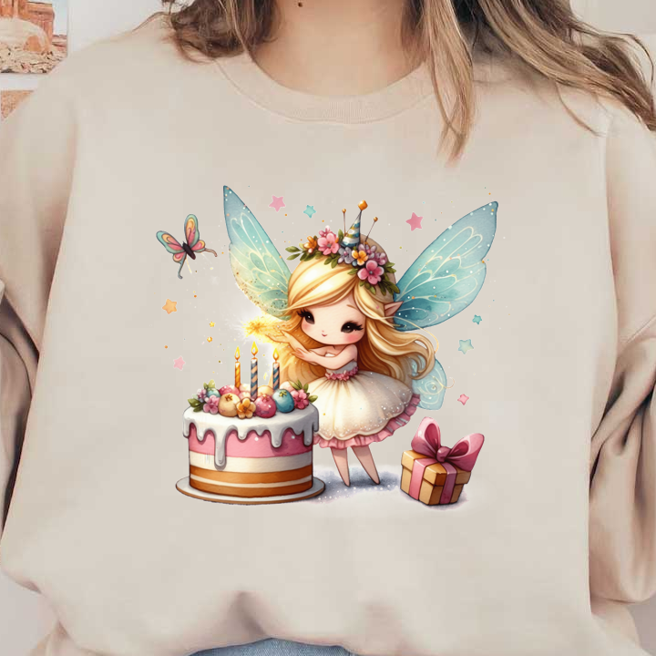 A whimsical fairy with sparkling wings and a flower crown celebrates beside a colorful birthday cake and a gift.DTF Transfers
