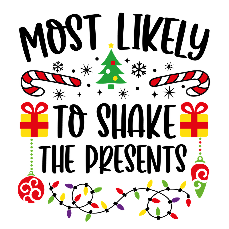 A festive illustration featuring a Christmas tree, candy canes, colorful gifts, ornaments, and holiday lights, perfect for celebrating the season!DTF Transfers dtf prints