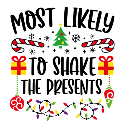 A festive illustration featuring a Christmas tree, candy canes, colorful gifts, ornaments, and holiday lights, perfect for celebrating the season!DTF Transfers dtf prints