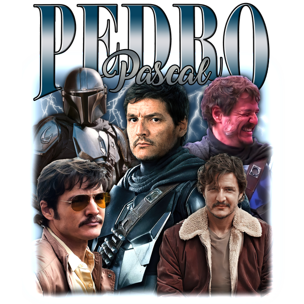 A vibrant collage showcasing Pedro Pascal in various iconic roles, including his character from "The Mandalorian" and other memorable looks.DTF Transfers dtf transfers