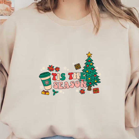 Celebre las fiestas con este alegre diseño "Tis the Season" que incluye un árbol festivo, regalos y una taza de café.