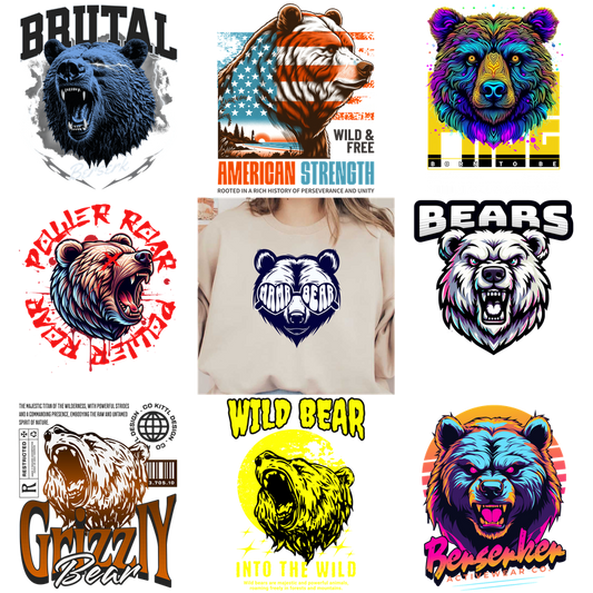 A colorful array of bear-themed t-shirt designs.DTF Transfers