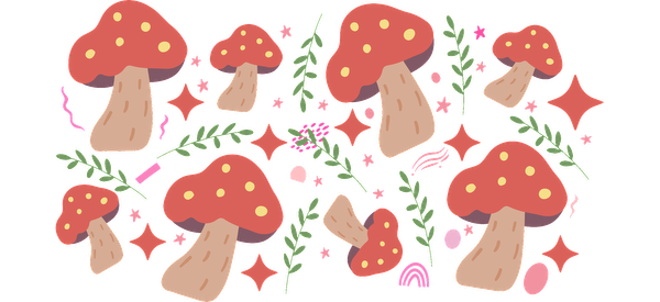 A whimsical pattern featuring colorful red mushrooms with polka dots, surrounded by greenery and playful decorative accents.UV Transfersdtf regular iron