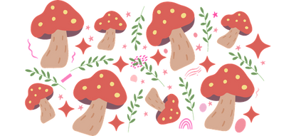 A whimsical pattern featuring colorful red mushrooms with polka dots, surrounded by greenery and playful decorative accents.UV Transfersdtf regular iron