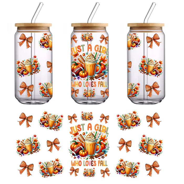 A vibrant fall-themed design featuring pumpkins, autumn leaves, and a festive drink, accompanied by the phrase "Just a girl who loves fall."UV Transfersdtf regular iron