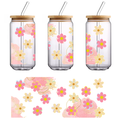 A vibrant, whimsical floral design featuring pink and yellow flowers against a soft pink background, perfect for spring themes.UV Transfers dtf prints