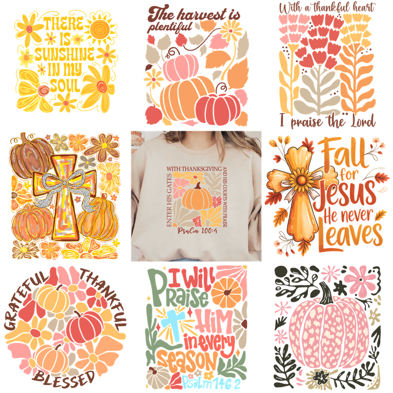 Discover Autumn-inspired designs featuring pumpkins, leaves, and grateful messages!DTF Transfers