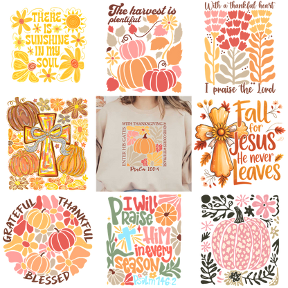 Discover Autumn-inspired designs featuring pumpkins, leaves, and grateful messages!DTF Transfers
