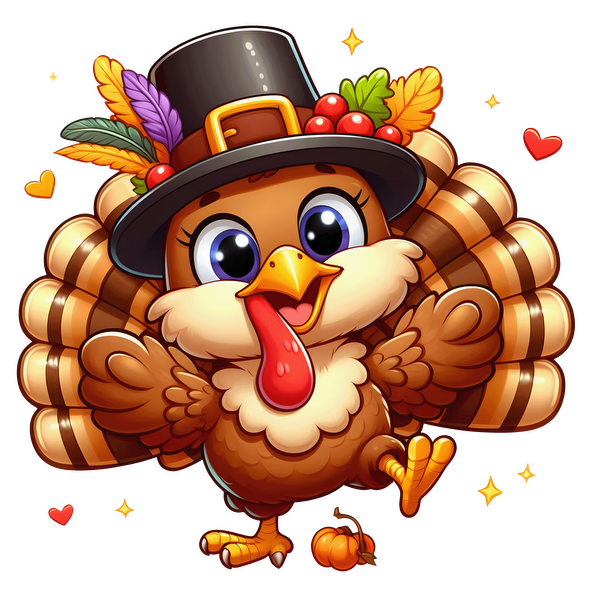 This cheerful cartoon turkey, donning a festive top hat and colorful feathers, celebrates Thanksgiving with a playful pose.