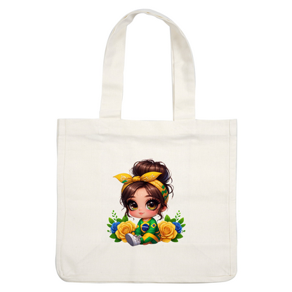 A cute, chibi-style girl in a green and yellow outfit with a headband, surrounded by blue and yellow roses.DTF Transfers heat press transfers