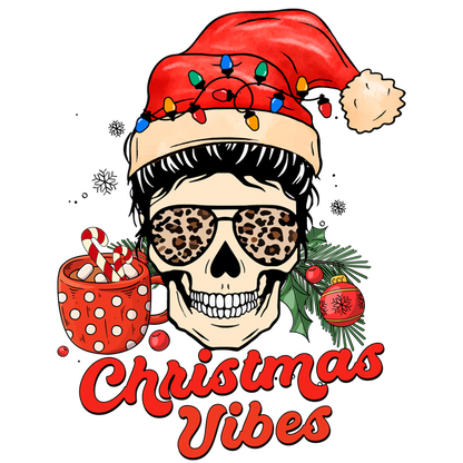 A festive skull wearing a Santa hat and sunglasses, surrounded by holiday elements and the text "Christmas Vibes." heat press transfers