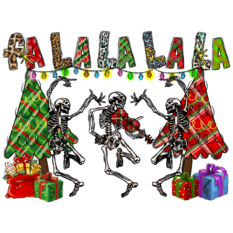 A whimsical holiday scene featuring dancing skeletons, festive Christmas trees, colorful lights, and wrapped gifts, celebrating cheerfully.DTF Transfers heat press transfersdtf regular iron