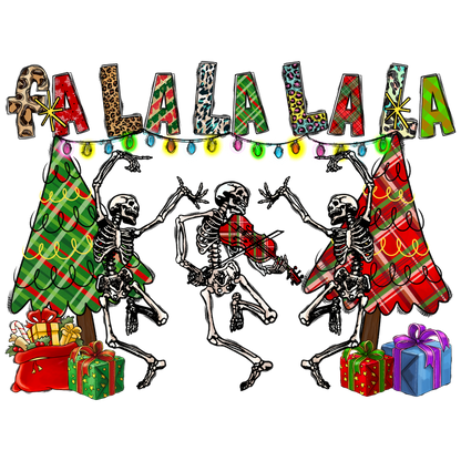 A whimsical holiday scene featuring dancing skeletons, festive Christmas trees, colorful lights, and wrapped gifts, celebrating cheerfully.DTF Transfers heat press transfersdtf regular iron