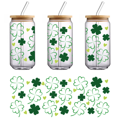 A vibrant pattern featuring green clovers and yellow hearts, perfect for celebrating St. Patrick's Day or adding a touch of luck!UV Transfers dtf transfers