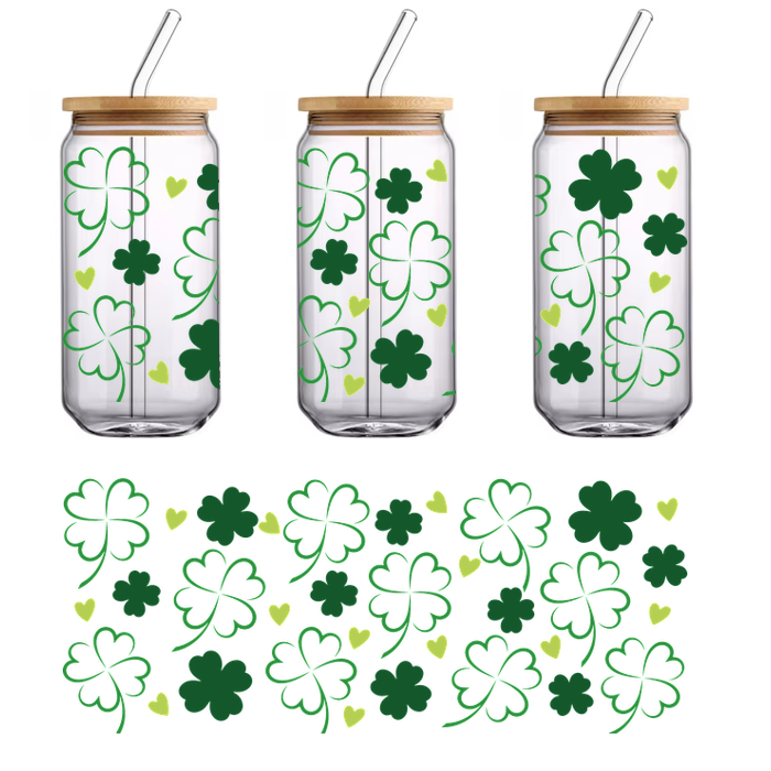 A vibrant pattern featuring green clovers and small yellow hearts, perfect for celebrating St. Patrick's Day or springtime.UV Transfers heat press transfers