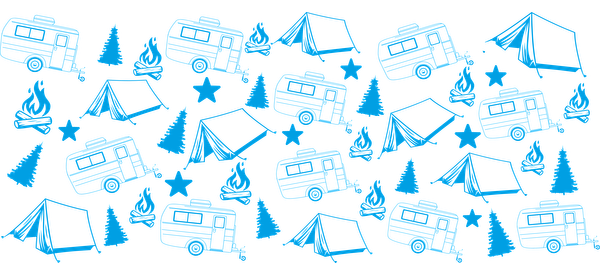 A whimsical pattern featuring blue line drawings of campers, tents, trees, and stars, perfect for outdoor enthusiasts.UV Transfers heat press transfers