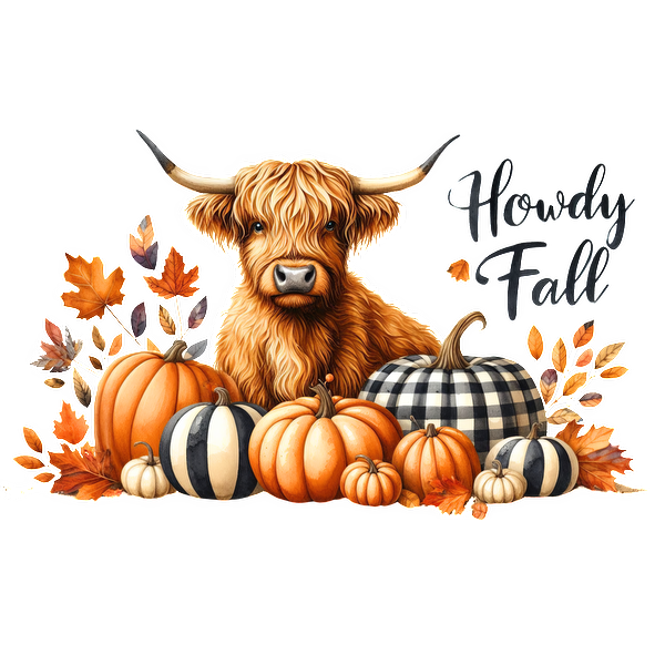 Una encantadora ilustración de una vaca de las Highlands rodeada de coloridas calabazas y hojas de otoño, con el texto "Howdy Fall" (Cómo es el otoño).