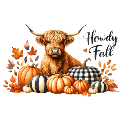 Una encantadora ilustración de una vaca de las Highlands rodeada de coloridas calabazas y hojas de otoño, con el texto "Howdy Fall" (Cómo es el otoño).