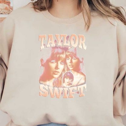 Obra de arte elegante que presenta múltiples imágenes de Taylor Swift con un diseño vibrante y colorido y un texto llamativo. Transferencias DTF