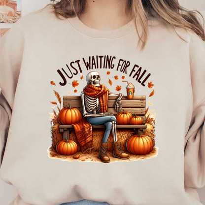 A whimsical skeleton sits on a bench, wrapped in an orange scarf, surrounded by pumpkins, eagerly waiting for fall.dtf regular iron