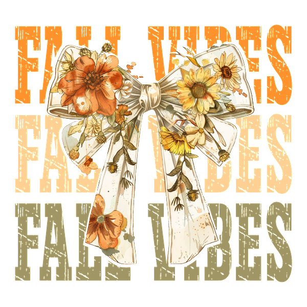 Una hermosa ilustración con temática de otoño que presenta un lazo floral y el texto "Fall Vibes" en colores cálidos del otoño.