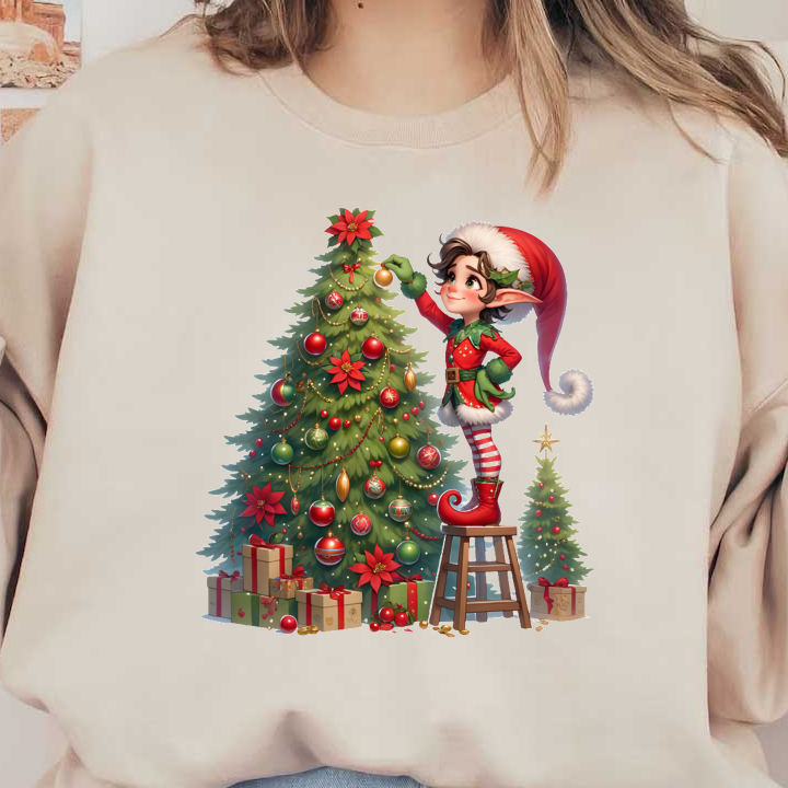 A cheerful elf in a festive outfit decorates a beautifully adorned Christmas tree, surrounded by gift boxes and a small tree.DTF Transfers dtf prints