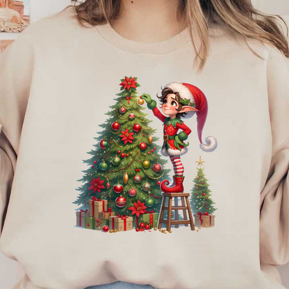 A cheerful elf in a festive outfit decorates a beautifully adorned Christmas tree, surrounded by gift boxes and a small tree.DTF Transfers dtf prints