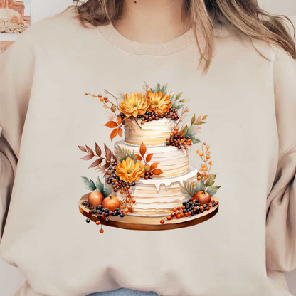 A beautifully decorated three-tier cake adorned with vibrant autumn flowers, fruits, and leaves, perfect for seasonal celebrations.dtf regular iron