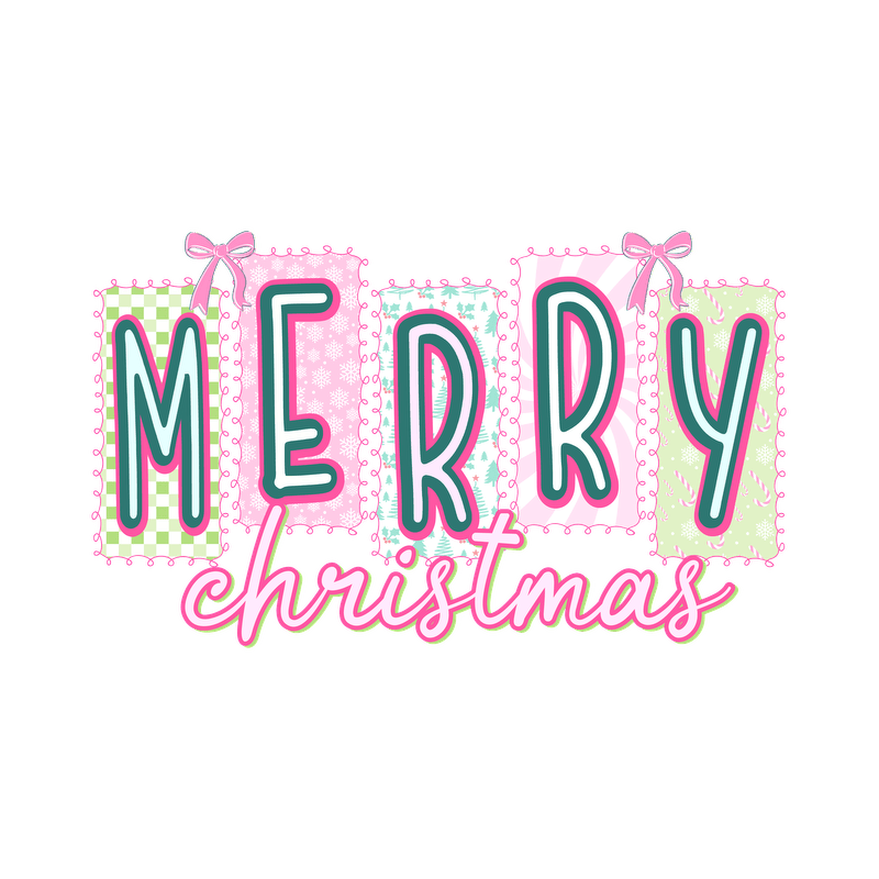 Festive "Merry Christmas" design in cheerful pastel colors with playful patterns.DTF Transfers